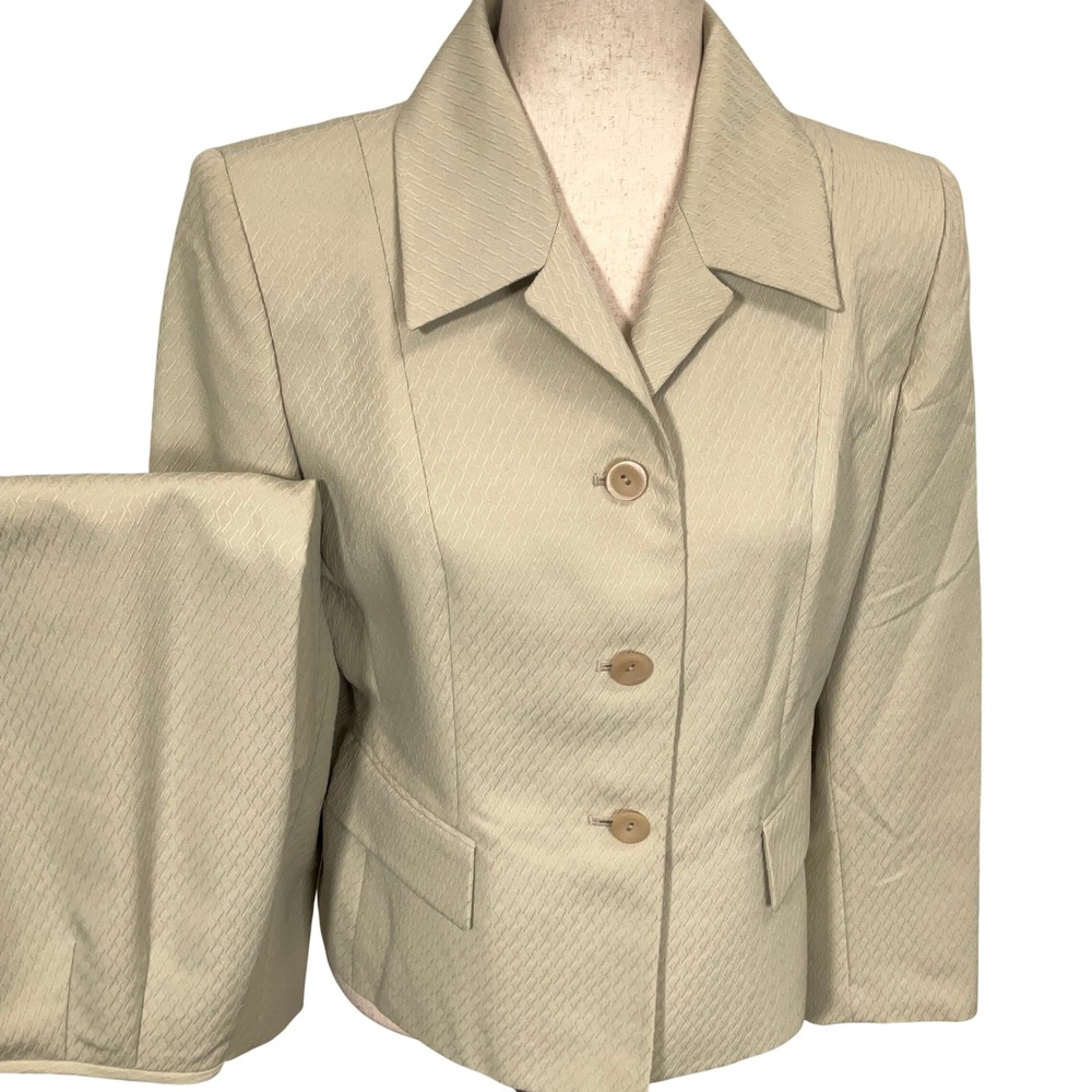 Le Suit Collections Skirt Suit Womens 8P Green Bisque Texture Church Neutral VTG